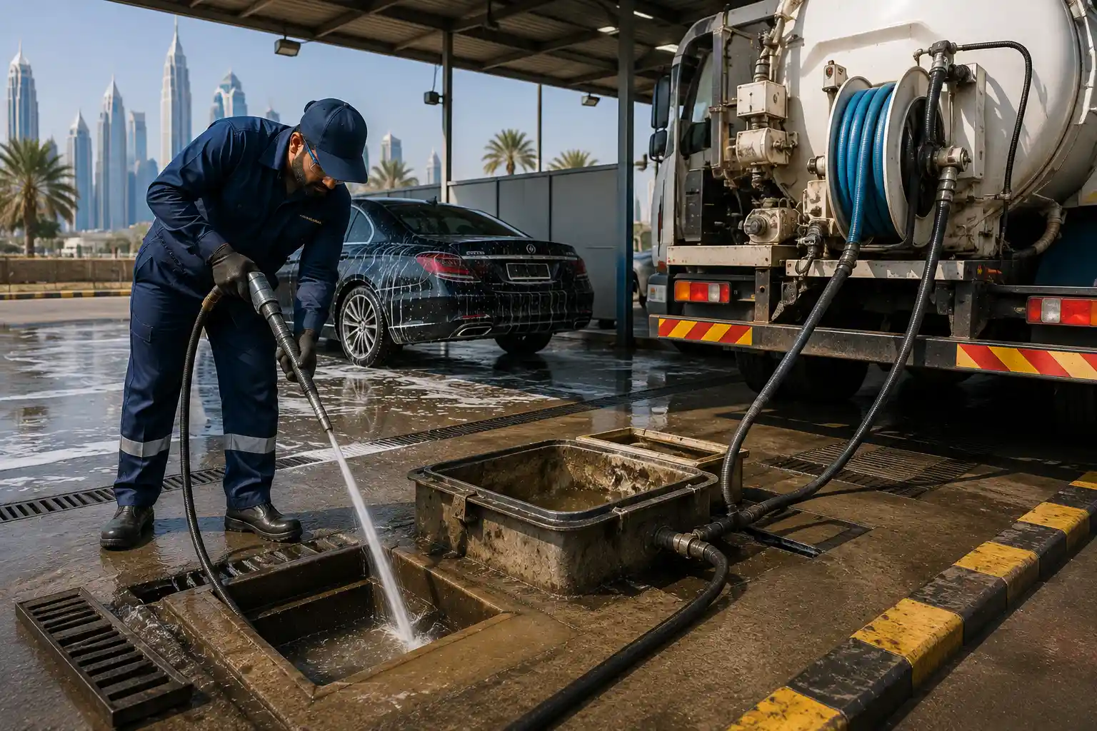 Car Wash Drain Jetting and Waste Trap Cleaning in Dubai — A Blueverse Vehicle Washing Case Study