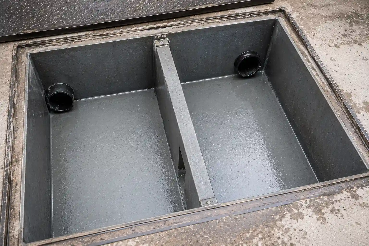 Car wash waste trap after cleaning — chamber fully drained, sediment removed, internal baffles and connections clean and functional