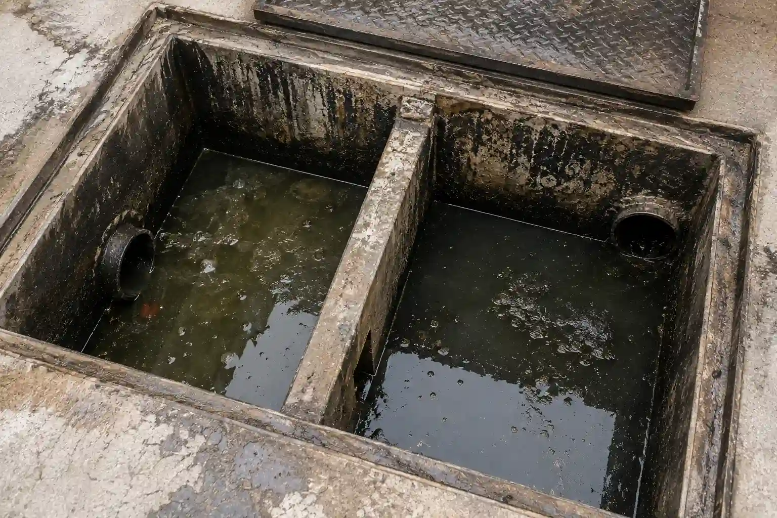 Car wash waste trap before cleaning — chambers filled with stagnant water, accumulated silt, and oily residue reducing trap capacity