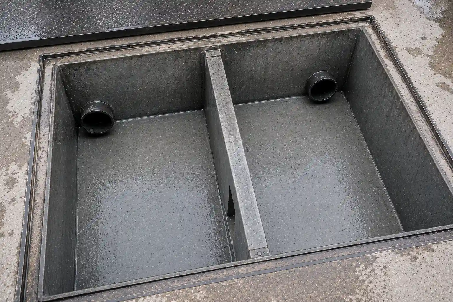 Interceptor trap after Dotless service — restored to full capacity, ready to capture silt and oil from wash water