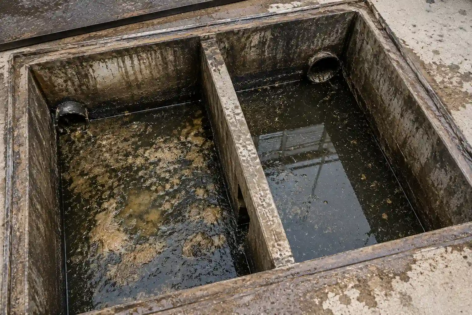 Interceptor trap before service — sediment build-up and standing water indicating reduced drainage function